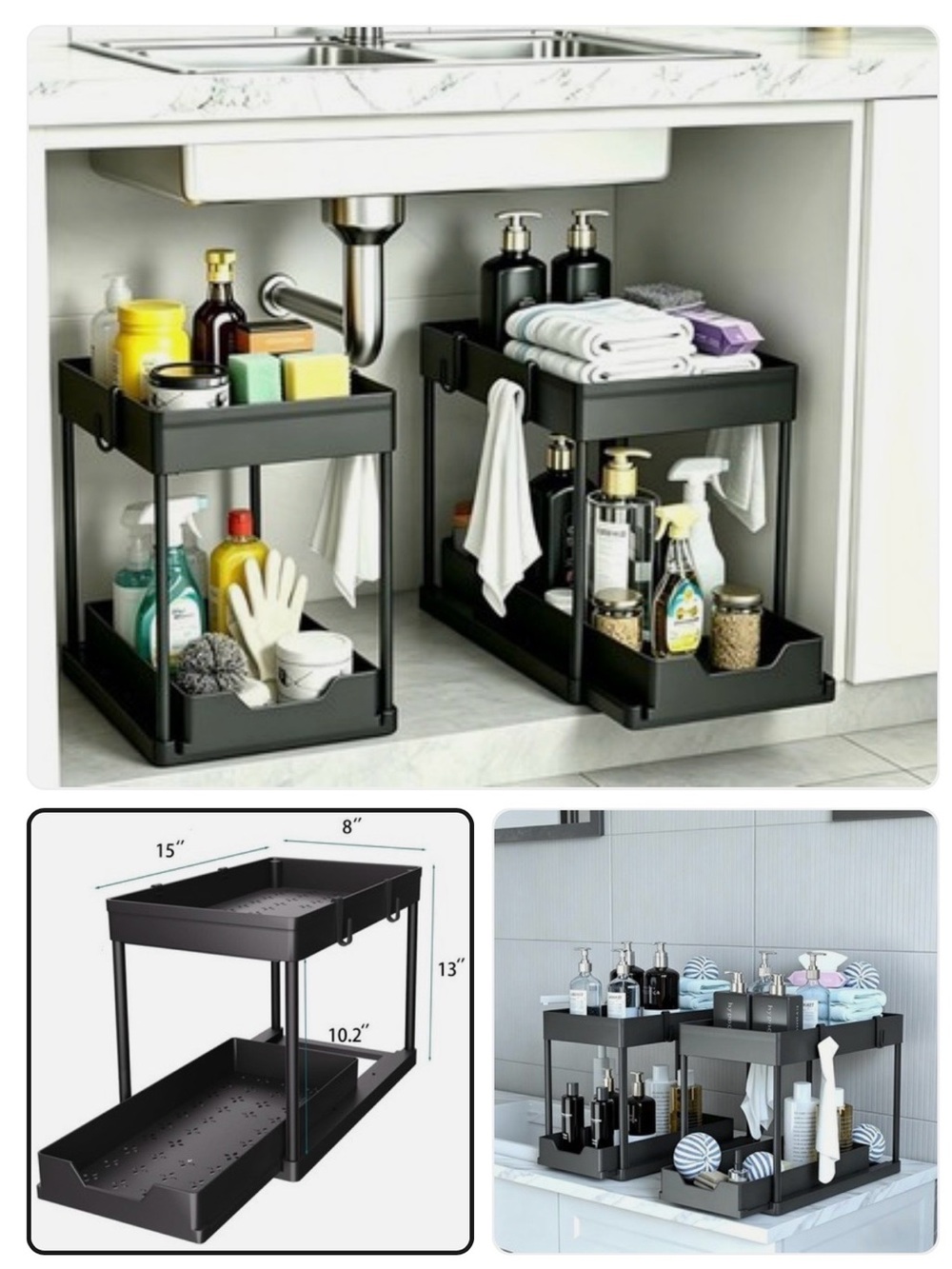 Under-Sink Black Two-Tier Storage Organizer for Bathroom